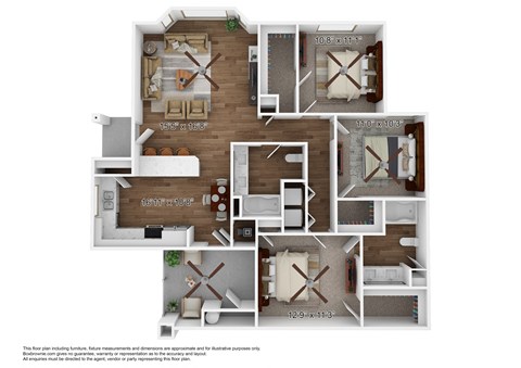 Floor plan for 3 beds, 2 baths, 1308 sqft